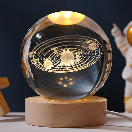 3D Solar System Crystal Ball Lamp, Laser Engraved | Perfect Gift